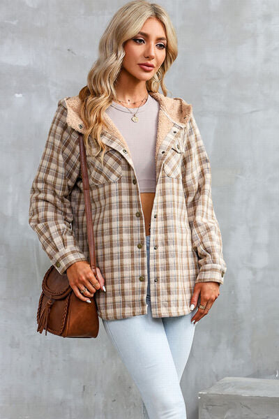 Plaid Snap Down Hooded Jacket | Casual Pocketed Jacket With Long Sleeves