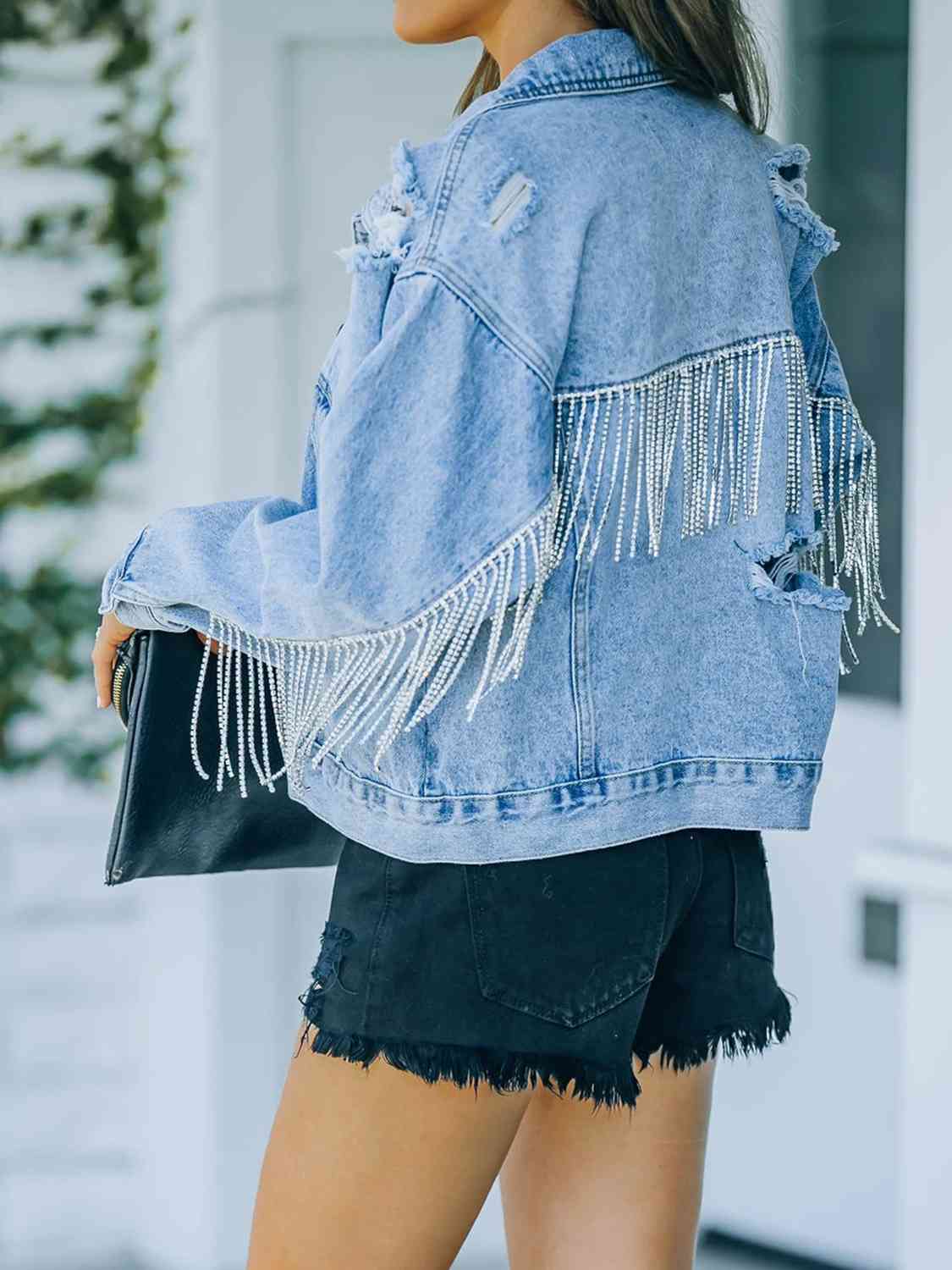 Distressed Fringe Denim Jacket | Casual Jacket With Collar Neck & Button Closure