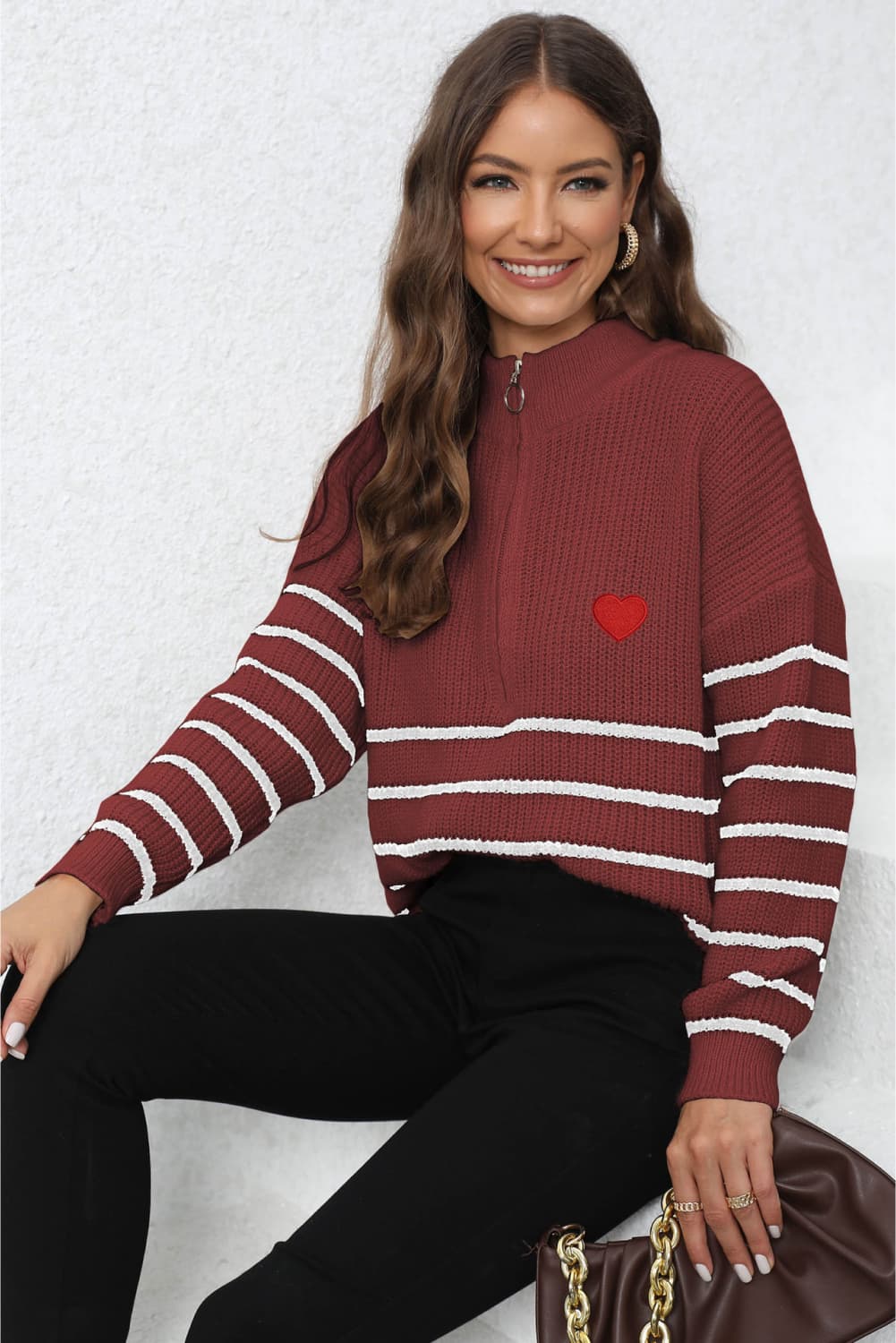 Striped Zip-Up Long Sleeve Ribbed Sweater