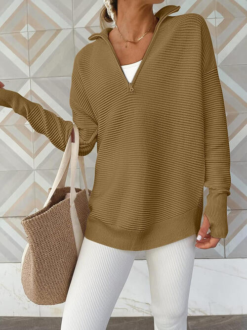 Half Zip Long Sleeve Knit Top | Casual Woman's Solid Stretchy Drop Shoulder Top