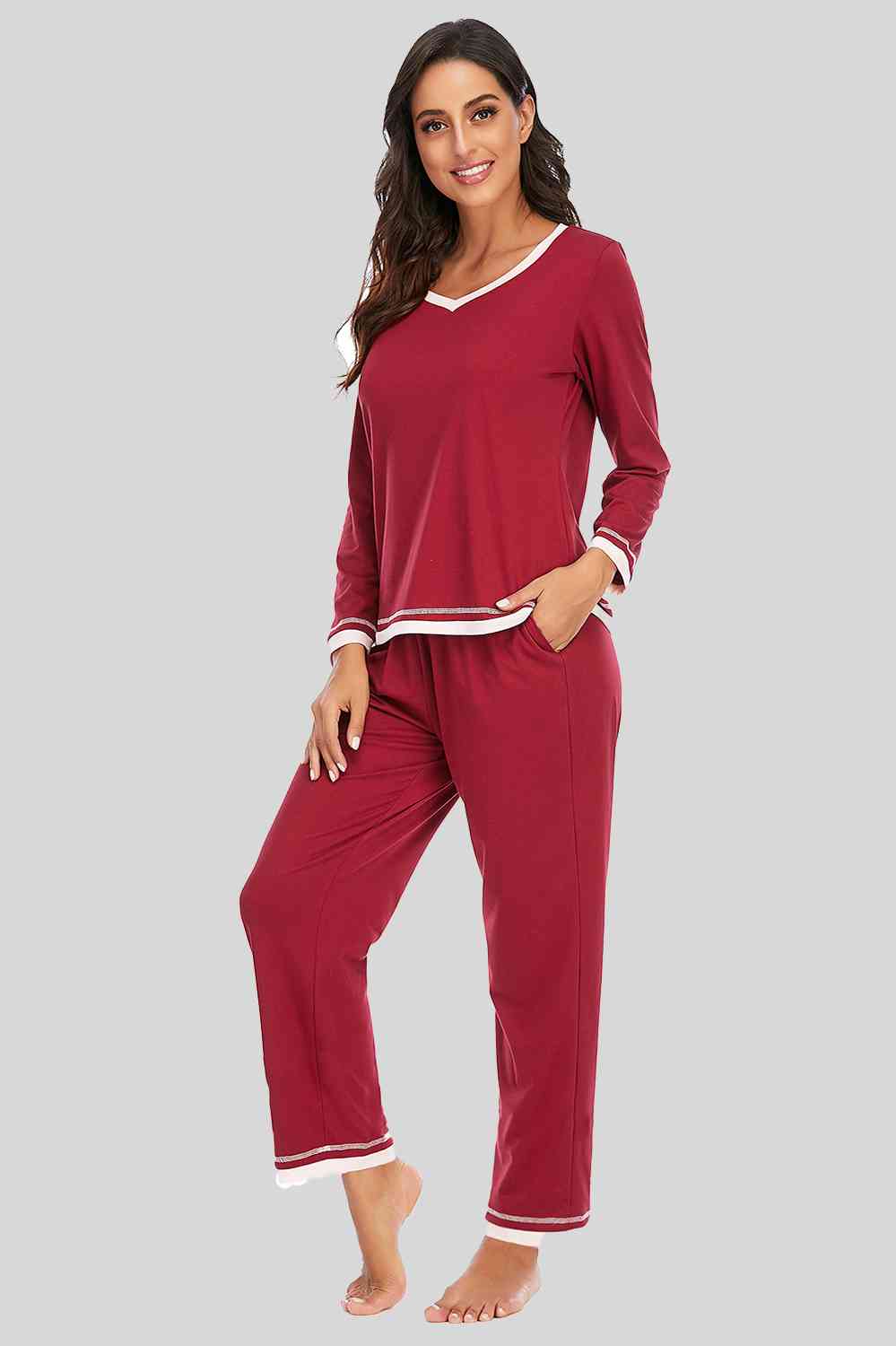 V-Neck Top and Pants Lounge Set | Woman's Cotton Night Set With Pocketed Pants