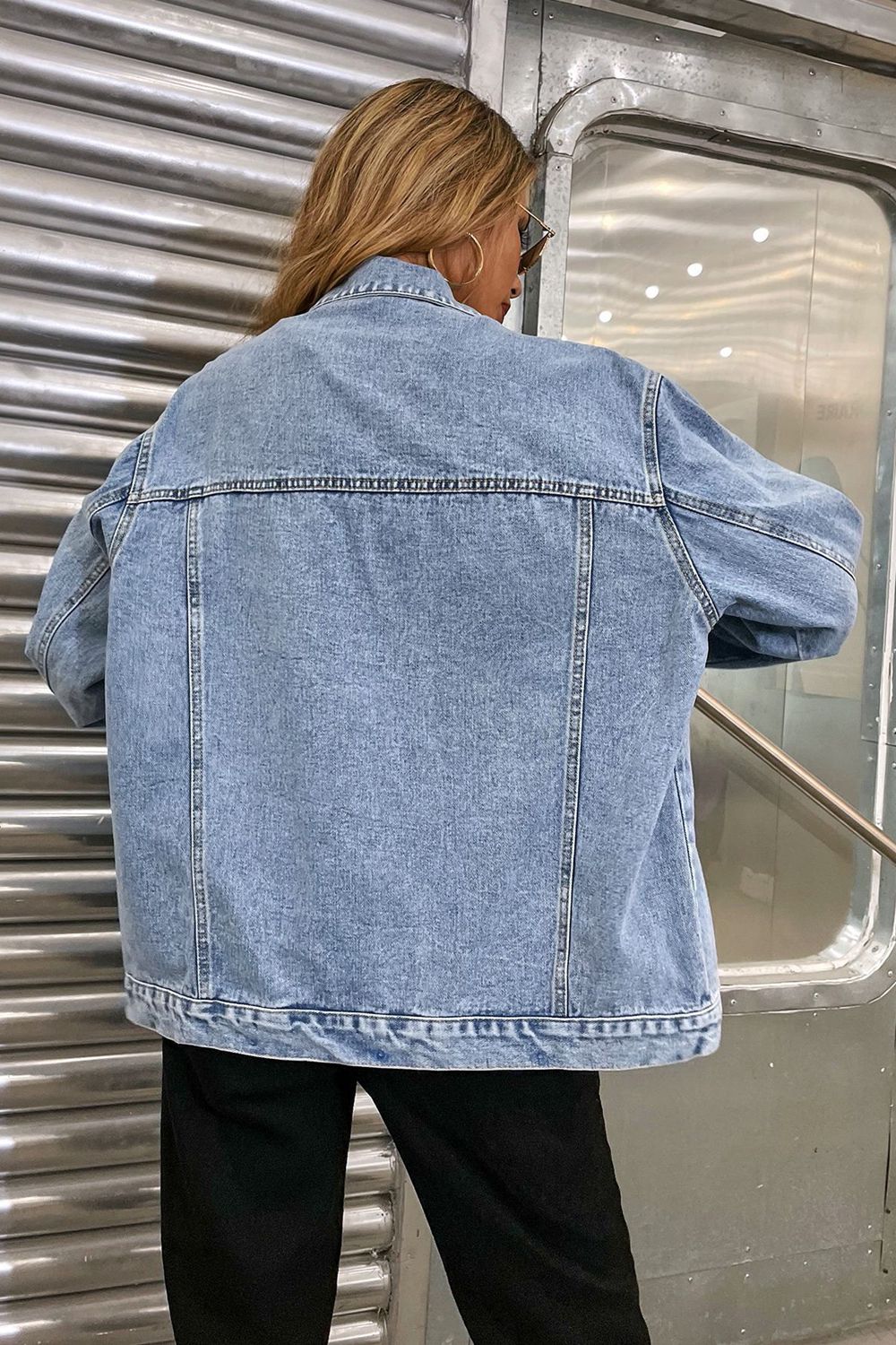 Collared Neck Dropped Shoulder Denim Jacket