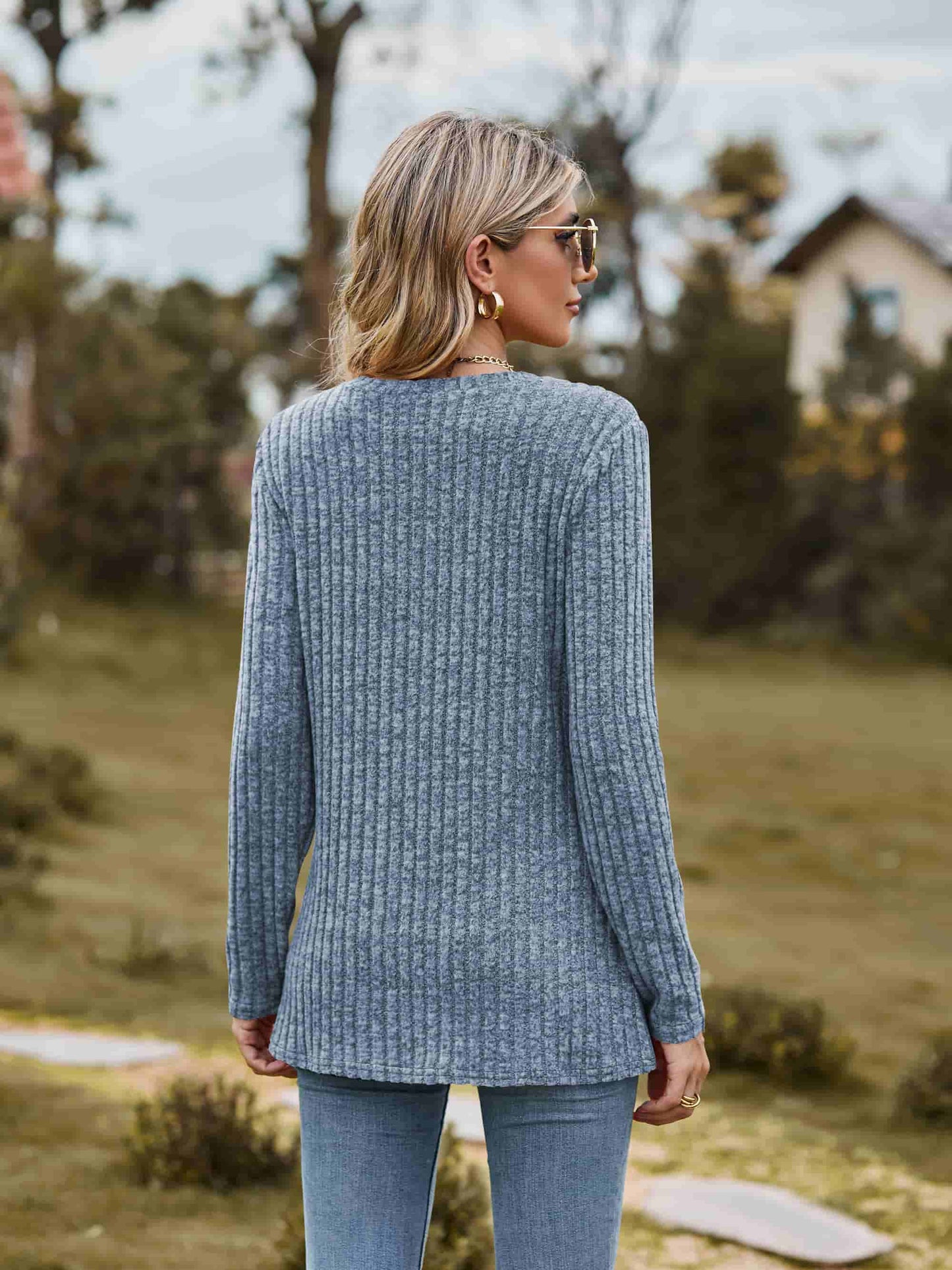 Ribbed Round Neck Long Sleeve Tee | Casual Heathered Solid Polyester Top