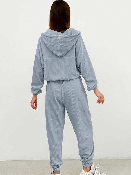 Half Zip Drawstring Hoodie and Pants Set | Polyester Set With Waistband Pants