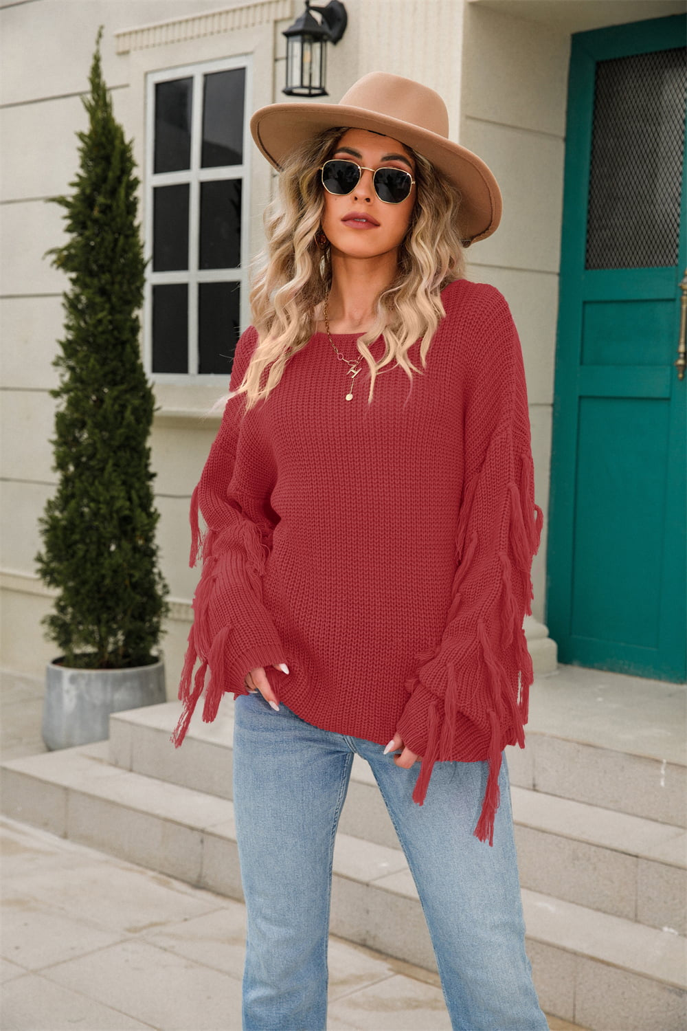 Ribbed Round Neck Fringe Detail Sweater | Solid Acrylic Sweater With Long Sleeve