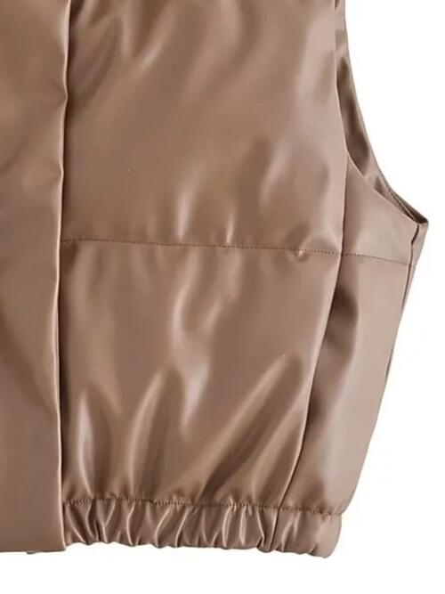 PU Leather Zip Up Drawstring Vest | Solid Polyester Vest With High Neckline