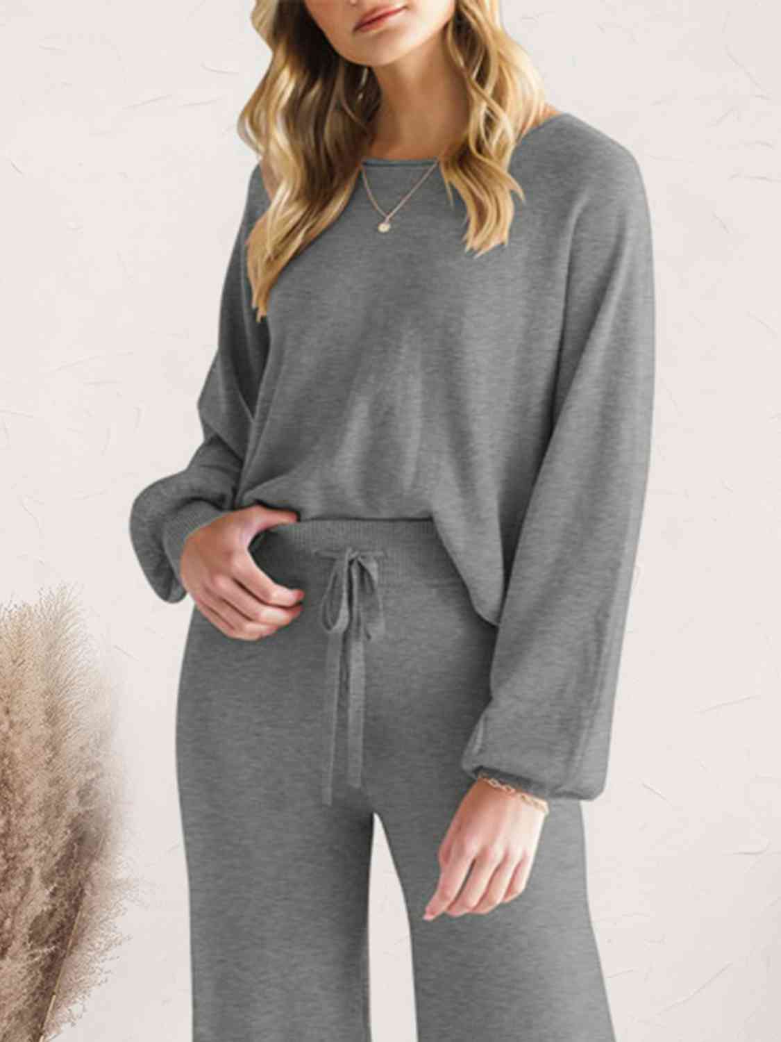 Long Sleeve Lounge Top and Drawstring Pants Set | Solid Acrylic Night Set