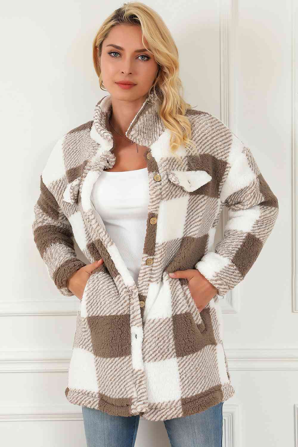 Plaid Button Down Coat with Pockets | Casual Woman's Collar Neck Polyester Coat