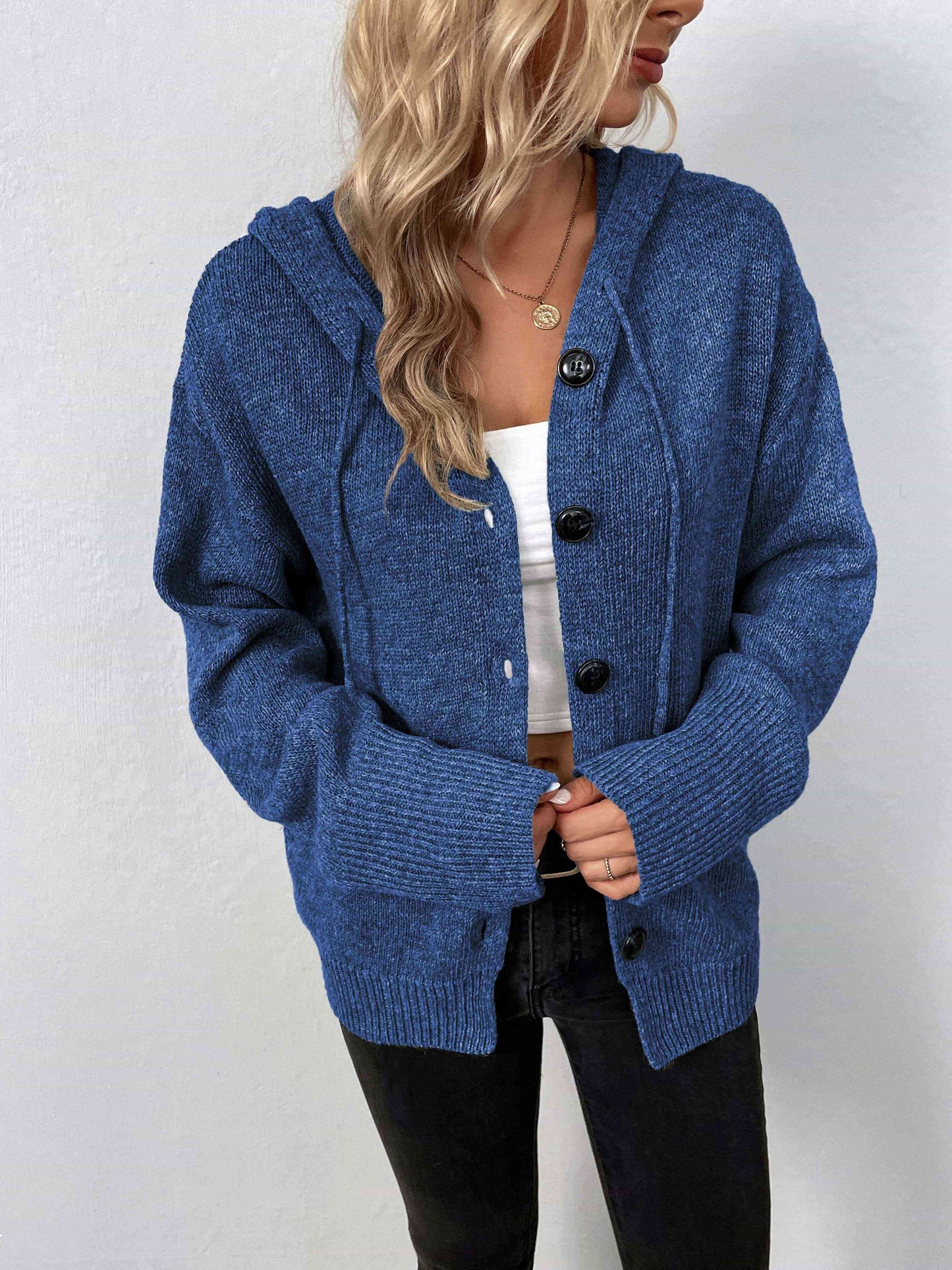 Button-Down Long Sleeve Hooded Sweater | Solid Sweater With Ribbed Cuffs