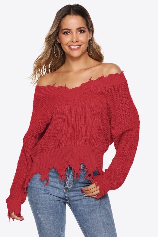 Off-Shoulder Ribbed Long Sleeve Raw Hem Sweater | Casual Polyester Sweater