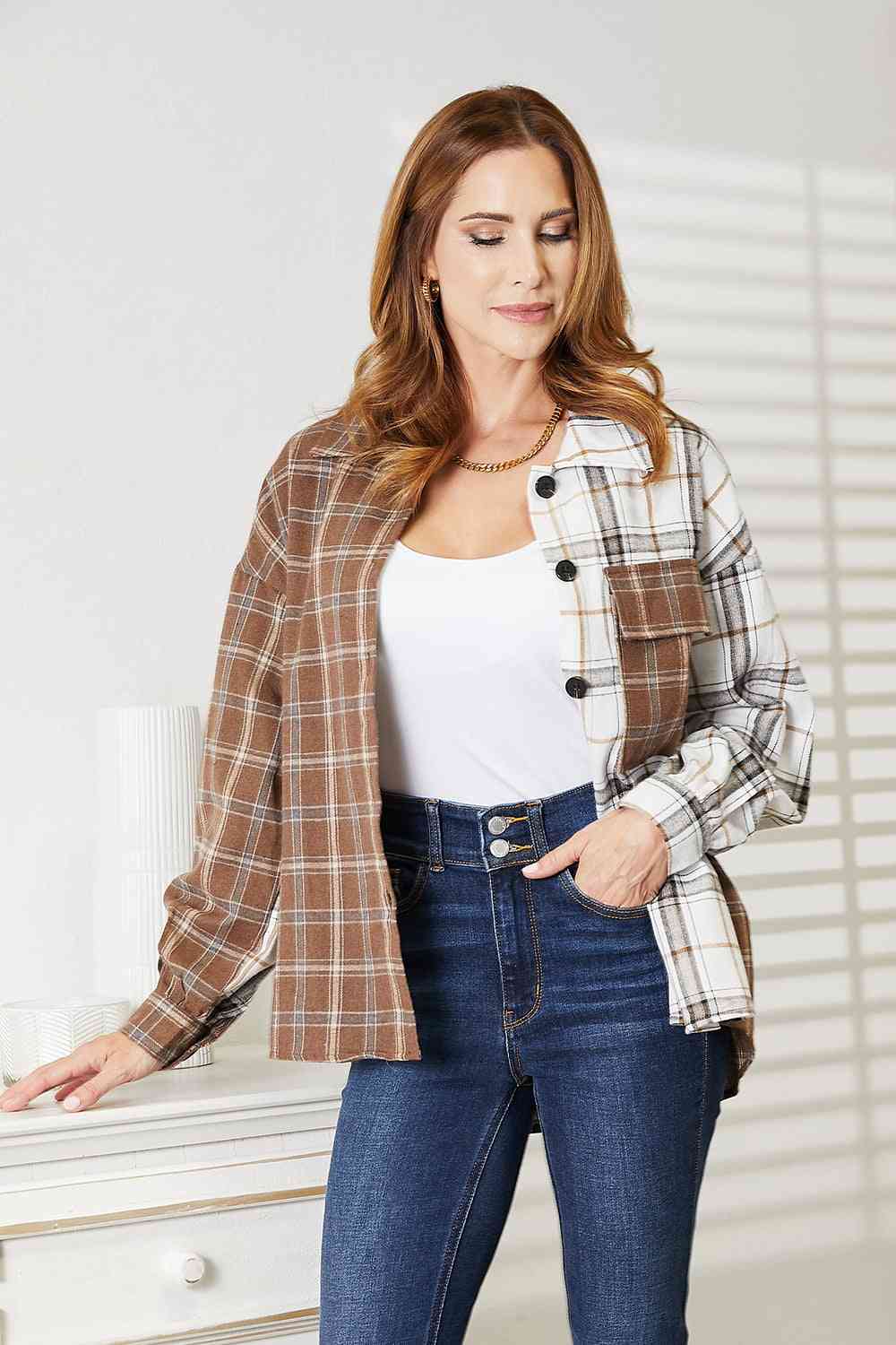 Double Take Plaid Contrast Button Up Shirt Jacket | Jacket With Long Sleeves