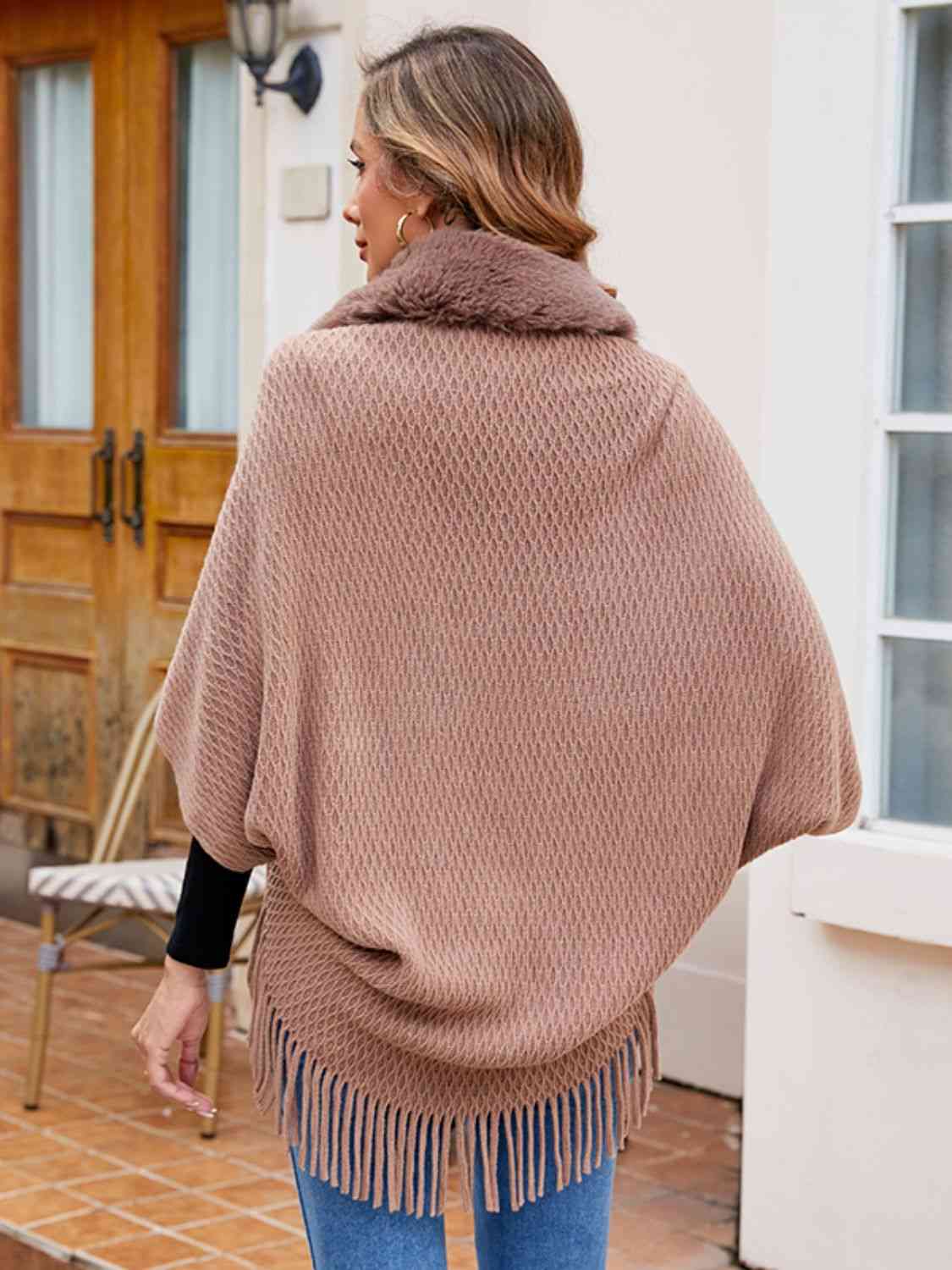 Open Front Fringe Hem Poncho | Casual Solid Fur Stretchy Polyester Poncho