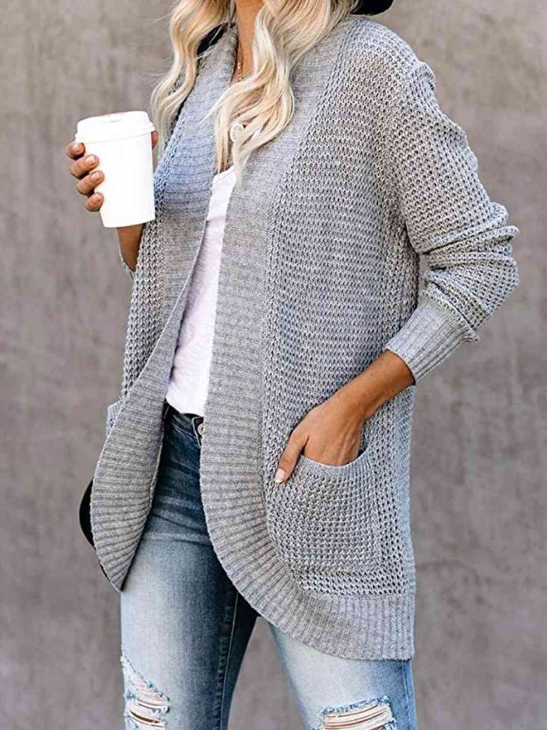 Open Front Long Sleeve Cardigan | Casual Polyester Cardigan With Side Pockets