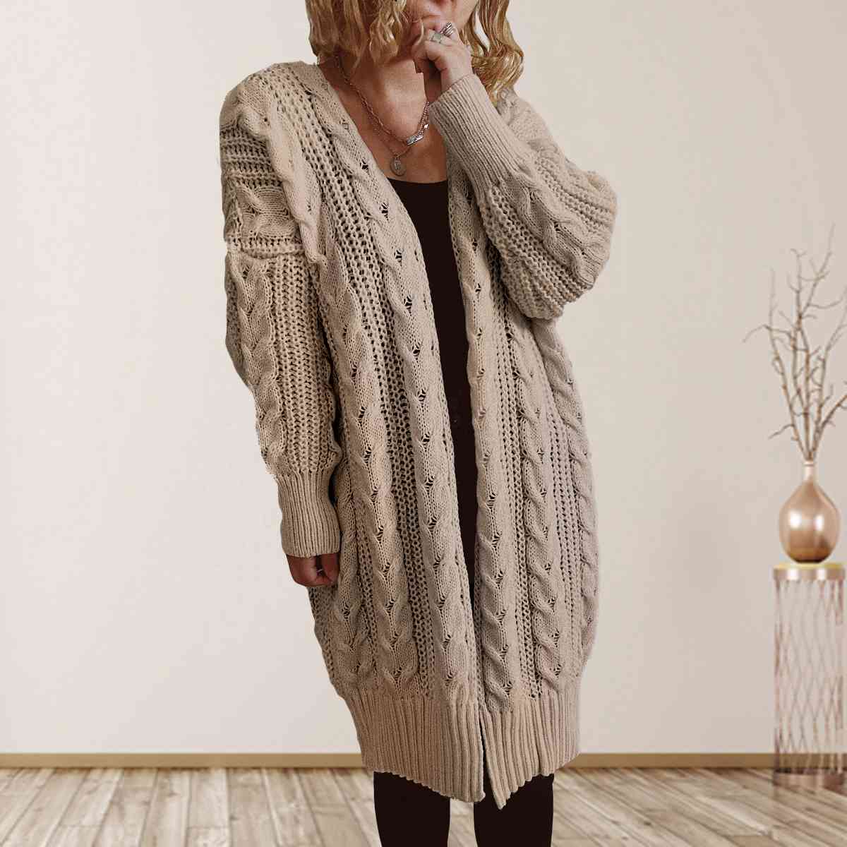 Cable-Knit Open Front Dropped Shoulder Cardigan | Warm Cardigan With Ribbed Hem