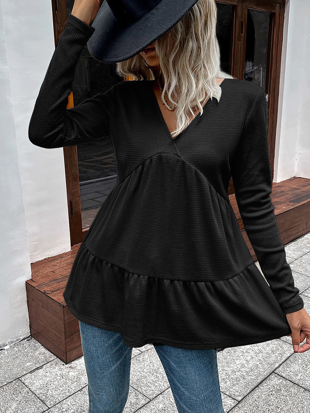 Waffle-knit V-Neck Long Sleeve Blouse | Long Solid Casual Polyester Blouse