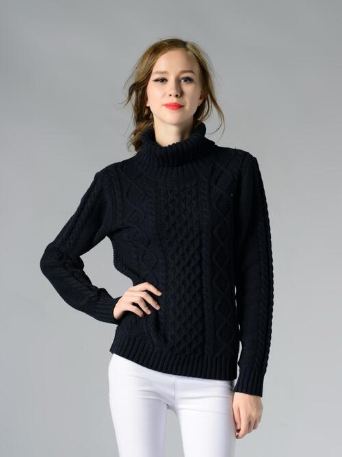 Cable-Knit Turtleneck Long Sleeve Sweater | Woman's Casual Acrylic Sweater