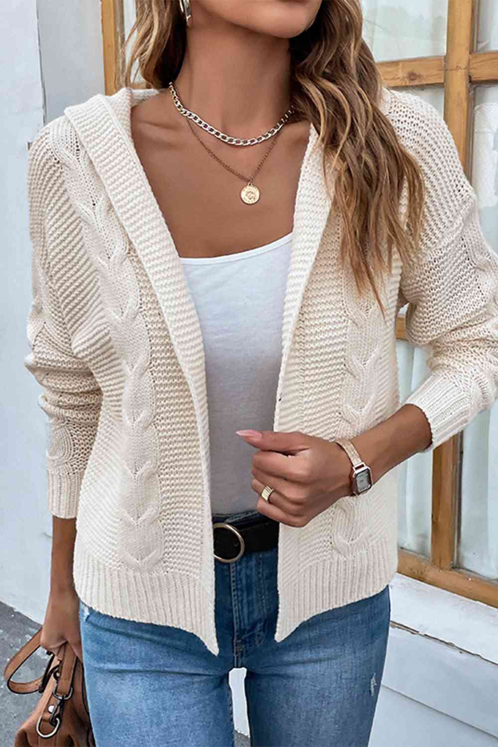 Cable-Knit Dropped Shoulder Hooded Cardigan | Casual Solid Ribbed Cardigan