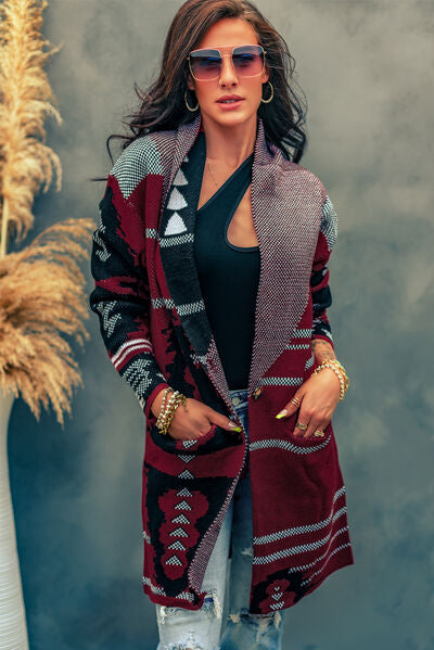 Geometric Open Front Pocketed Cardigan | Acrylic Cardigan With Single Button