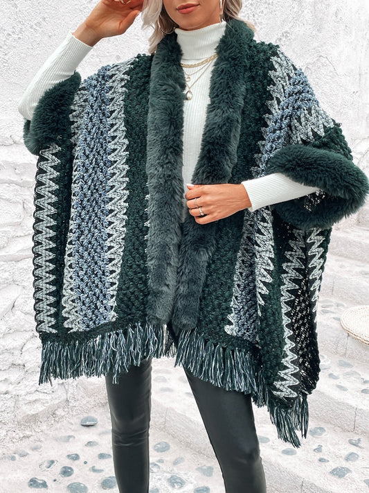 Striped Fringe Hem Poncho | Casual Acrylic Polyester Trendy Fur Poncho