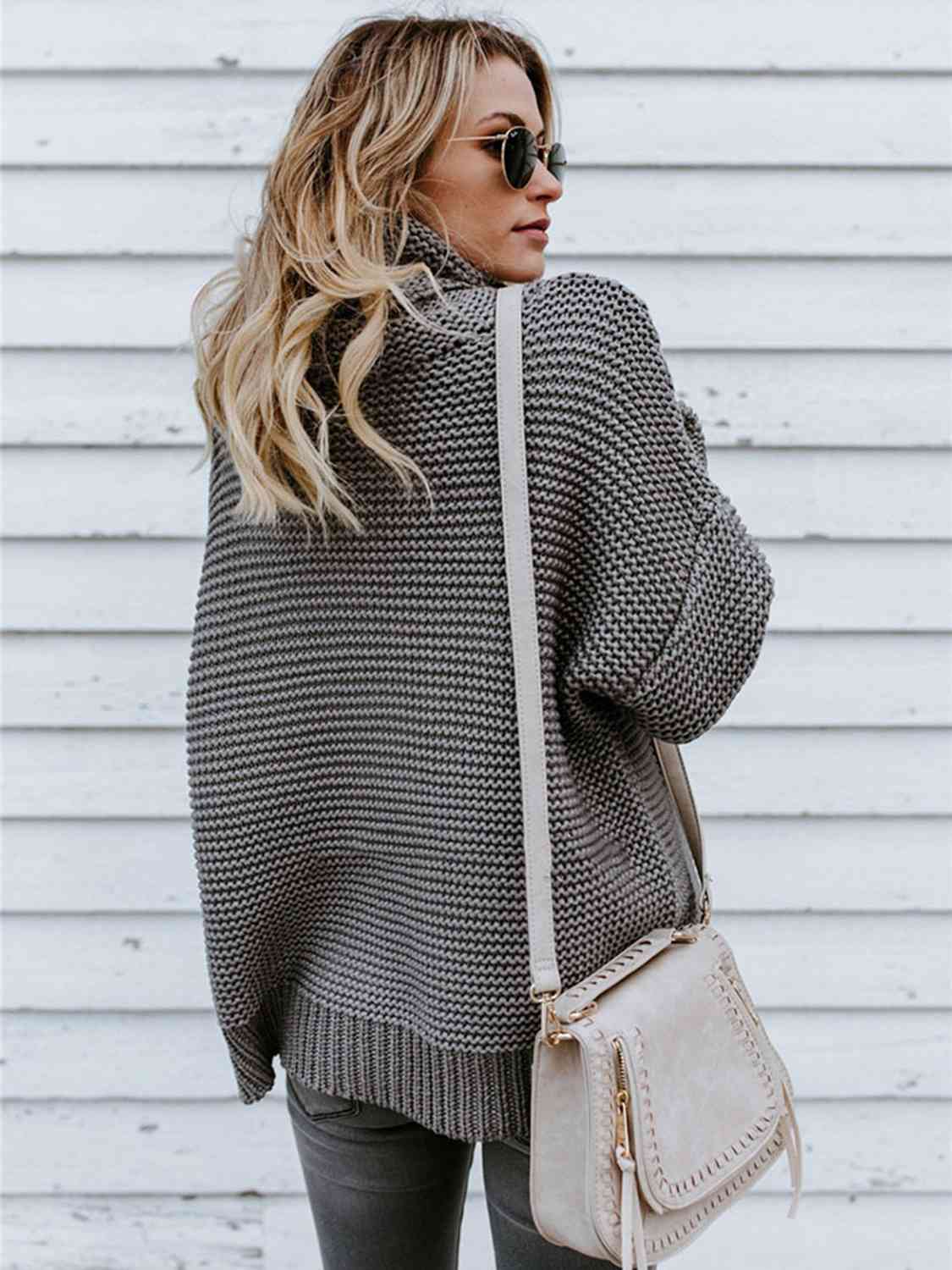 Turtleneck Dropped Shoulder Slit Sweater | Fashionable Knitted Acrylic Sweater