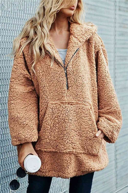 Full Size Half Zip Up Teddy Hoodie with Front Pocket | Polyester Solid Hoodie