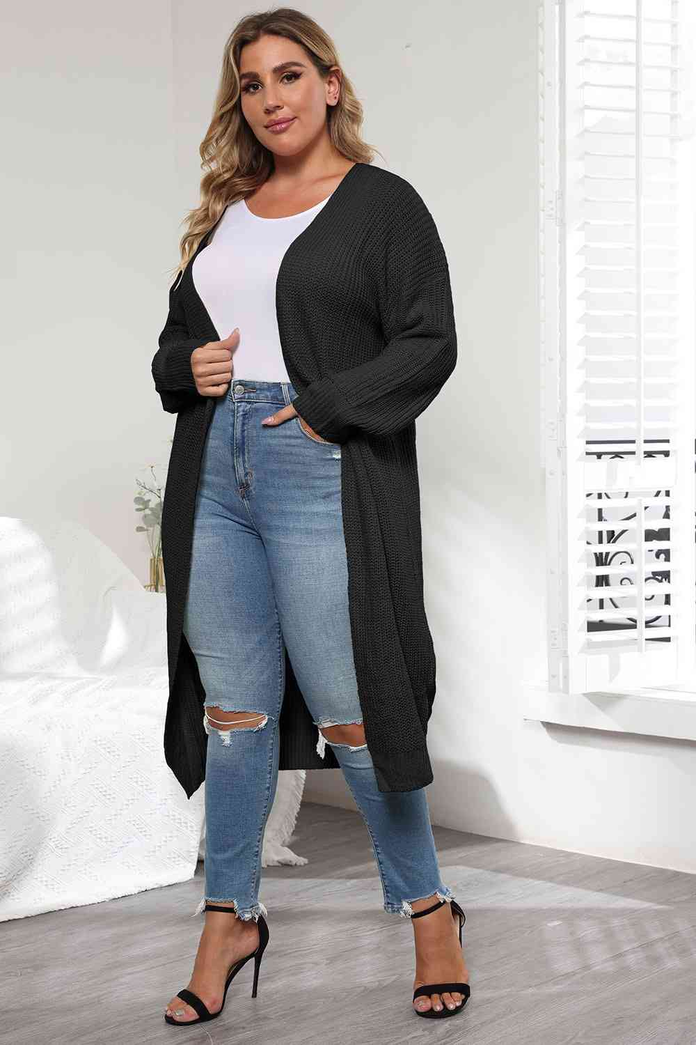 Plus Size Open Front Long Sleeve Cardigan | Casual Solid Long Acrylic Cardigan