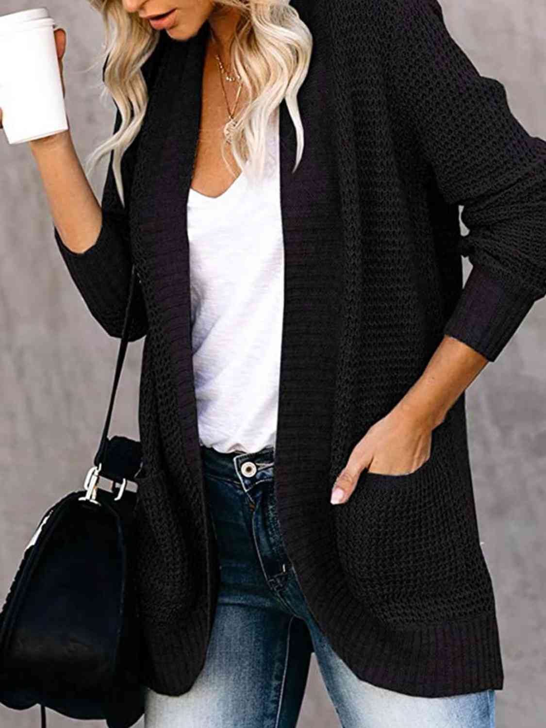 Open Front Long Sleeve Cardigan | Casual Polyester Cardigan With Side Pockets