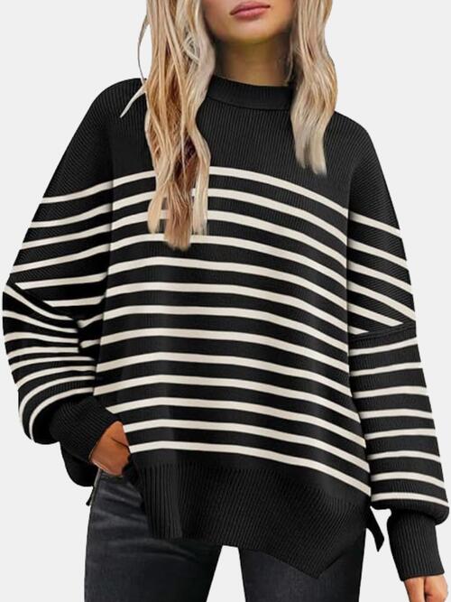 Round Neck Drop Shoulder Slit Sweater | Woman's Casual Stretchy Ribbed Sweater