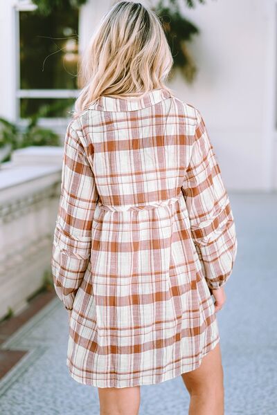 Plaid Long Sleeve Babydoll Mini Dress | Casual Collared Neck Polyester Dress