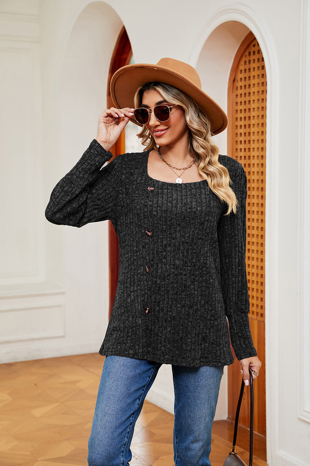 Decorative Button Slit Square Neck Top | Casual Ribbed Top With Long Sleeves