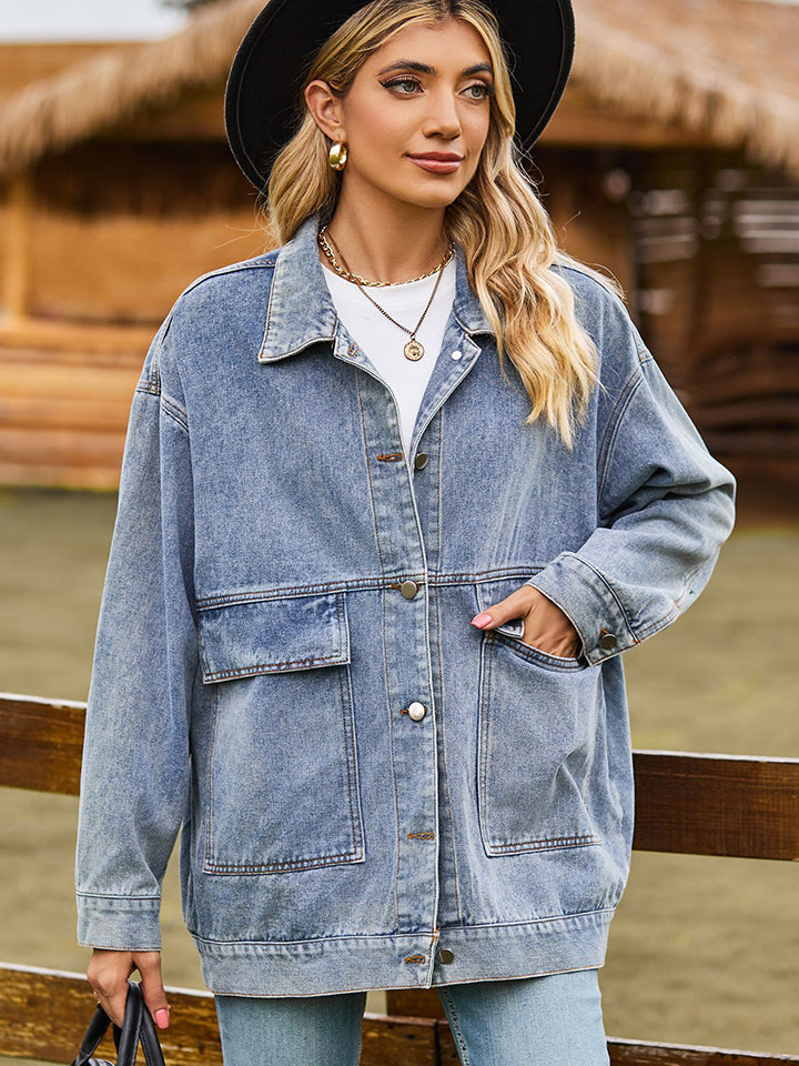 Dropped Shoulder Denim Jacket | Casual Jacket With Collar Neck & Button Closure