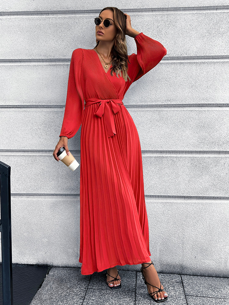 V-Neck Tie Waist Pleated Maxi Dress | Sweet Ankle Midi Pleated Maxi Dress