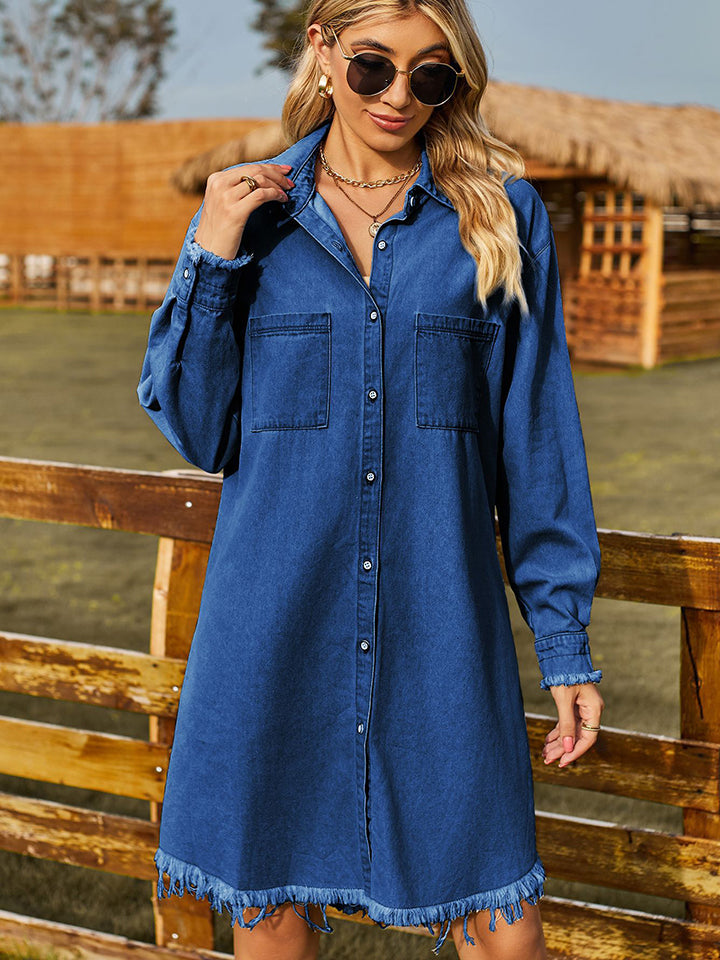 Raw Hem Collared Denim Dress | Casual Pocketed Rayon Dress With Long Sleeves