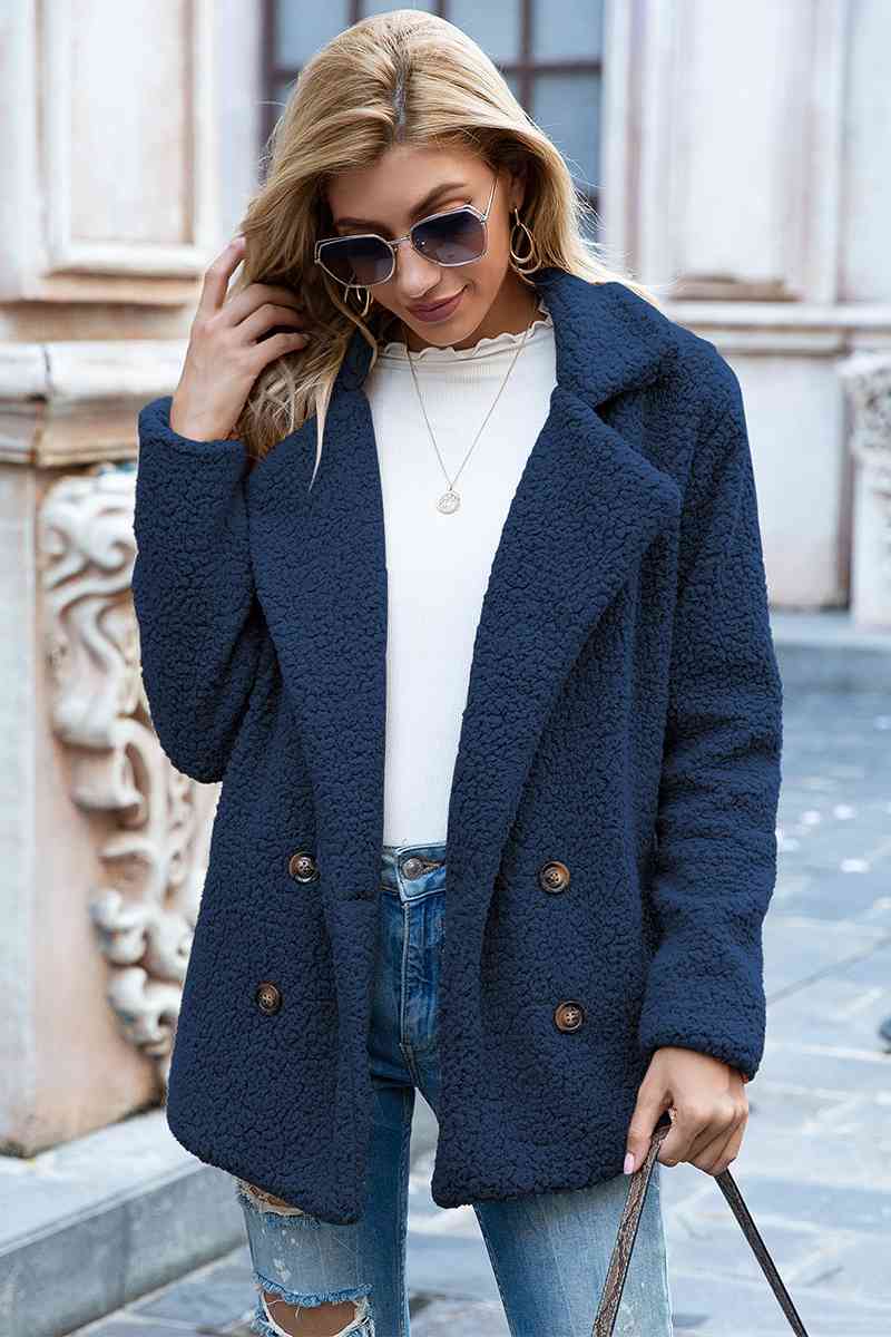 Full Size Lapel Collar Sherpa Coat | Solid  Double-breasted Pocketed Coat