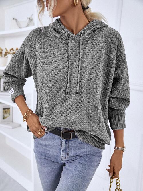 Texture Drawstring Long Sleeve Hooded Sweater | Solid Sweater With Ribbed Cuffs