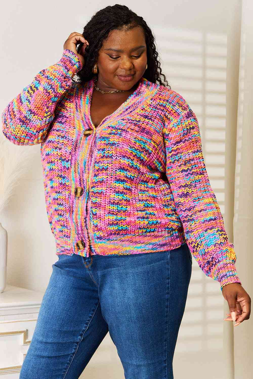 Woven Right V-Neck Long Sleeve Cardigan | Casual Multicolor Acrylic Cardigan