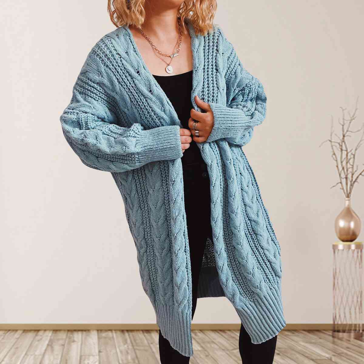 Cable-Knit Open Front Dropped Shoulder Cardigan | Warm Cardigan With Ribbed Hem