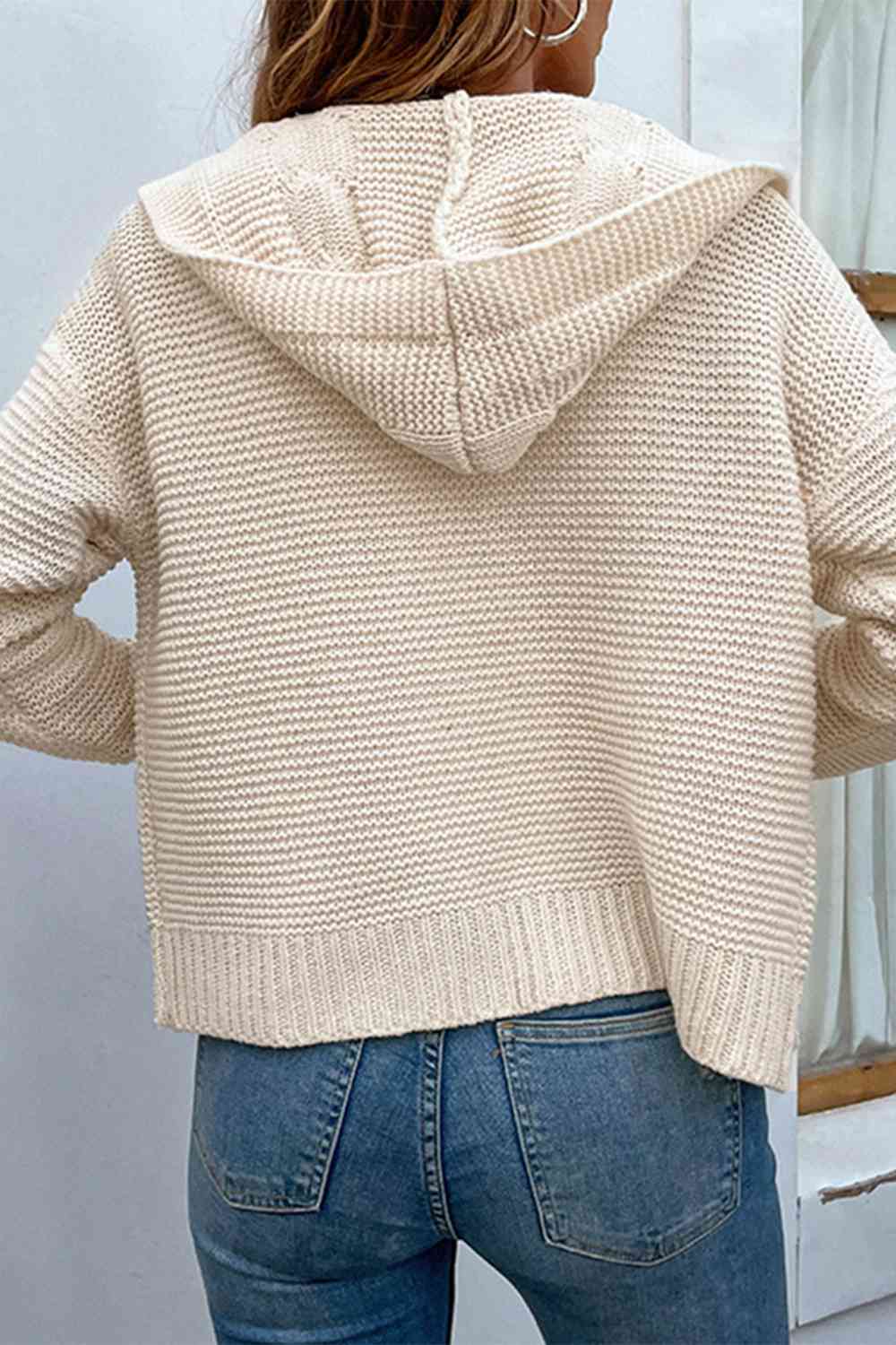 Cable-Knit Dropped Shoulder Hooded Cardigan | Casual Solid Ribbed Cardigan