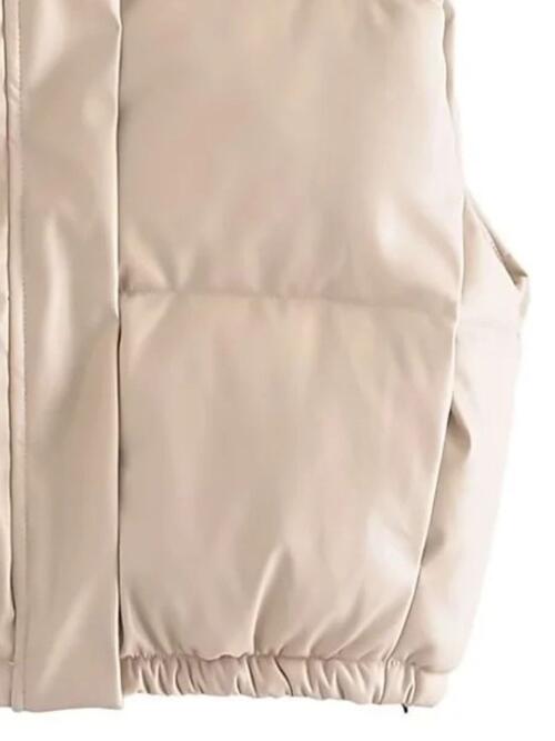 PU Leather Zip Up Drawstring Vest | Solid Polyester Vest With High Neckline