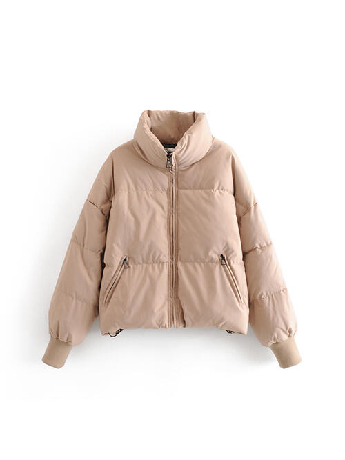 Zip Up Drawstring Winter Coat with Pockets | Polyester Coat With High Neckline