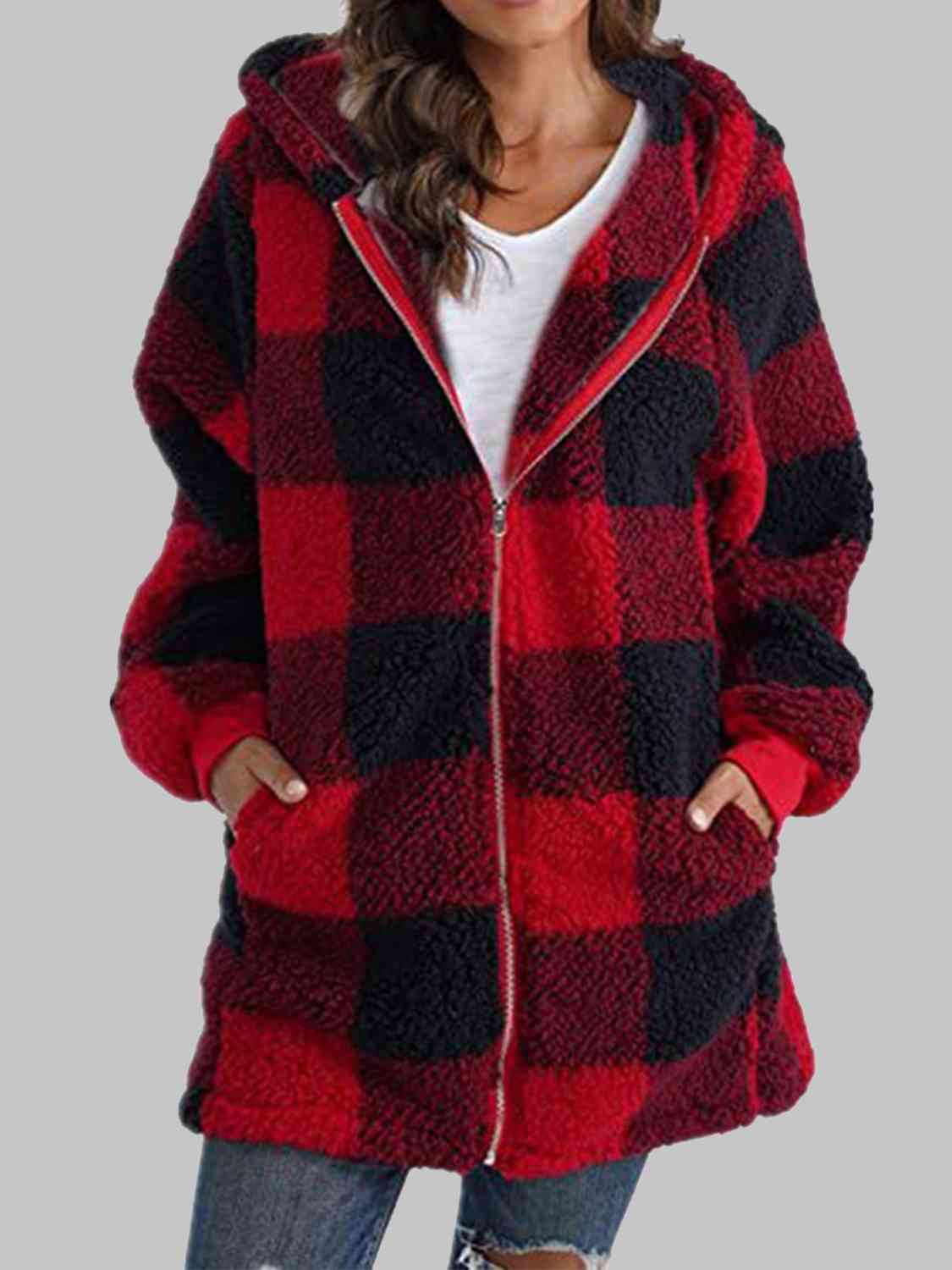 Plaid Zip-Up Hooded Jacket with Pockets | Warm Cozy Fuzzy Sherpa Jacket Shirt