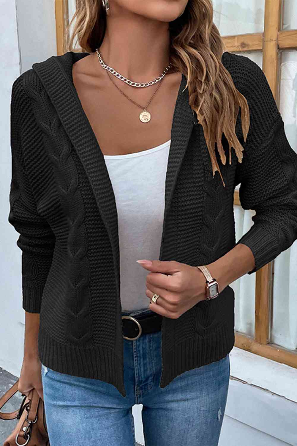 Cable-Knit Dropped Shoulder Hooded Cardigan | Casual Solid Ribbed Cardigan