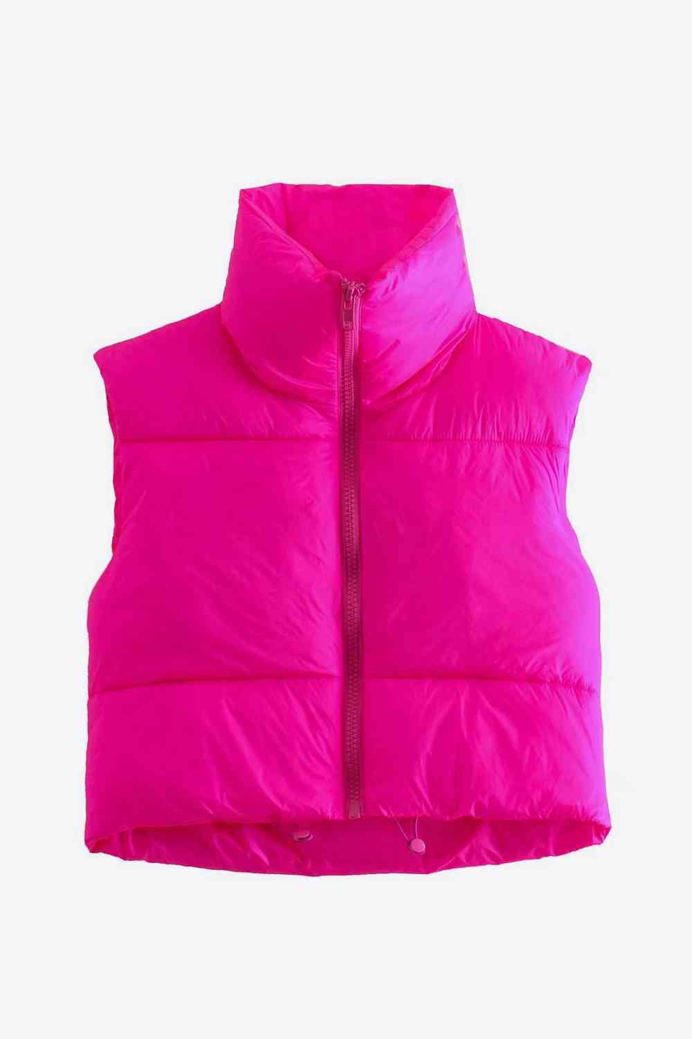 Zip-Up Drawstring Puffer Vest | Cropped Solid Band Collar Polyester Vest