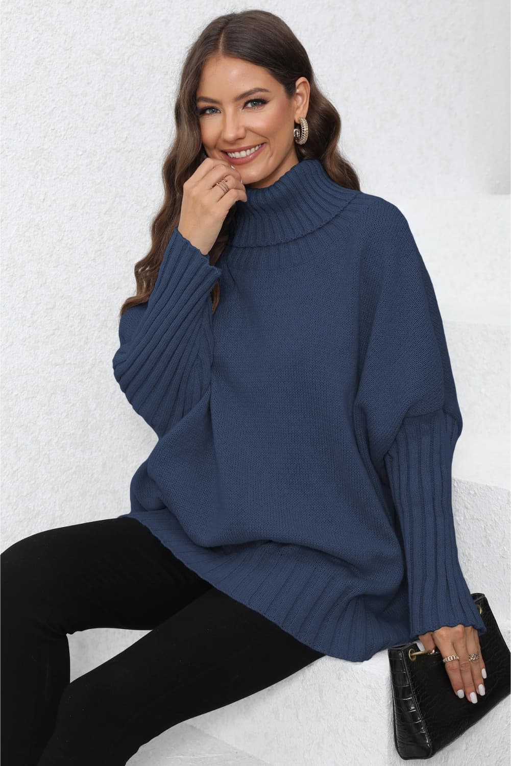 Turtle Neck Long Sleeve Ribbed Sweater | Casual Dolman Sleeve Ribbed Hem Sweater