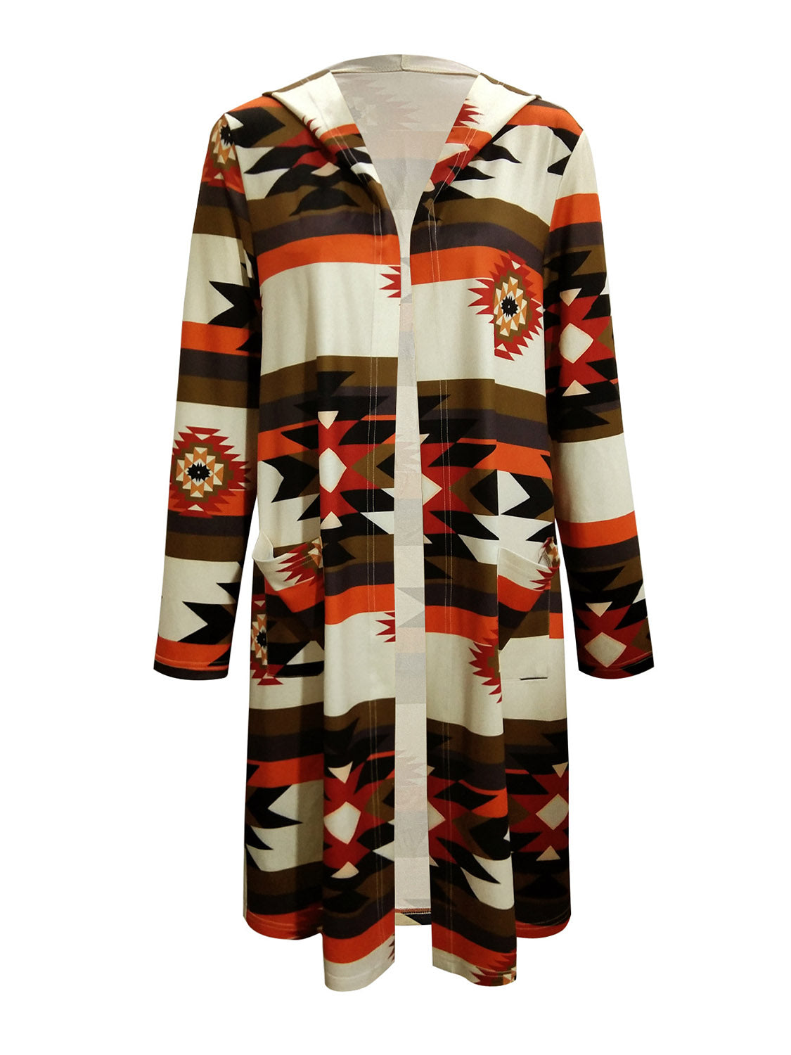 Geometric Hooded Cardigan with Pockets | Polyester Cardigan With Long Sleeves