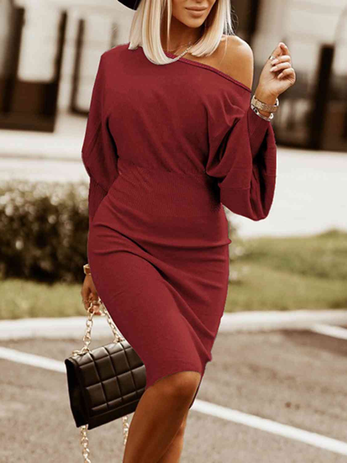 Round Neck Lantern Sleeve Dress | Formal Knee-Length Polyester Stretchy Dress