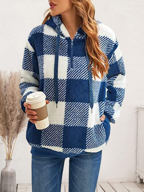 Plaid Half Zip Drawstring Hoodie | Casual Hoodie With Long Sleeves And Pockets