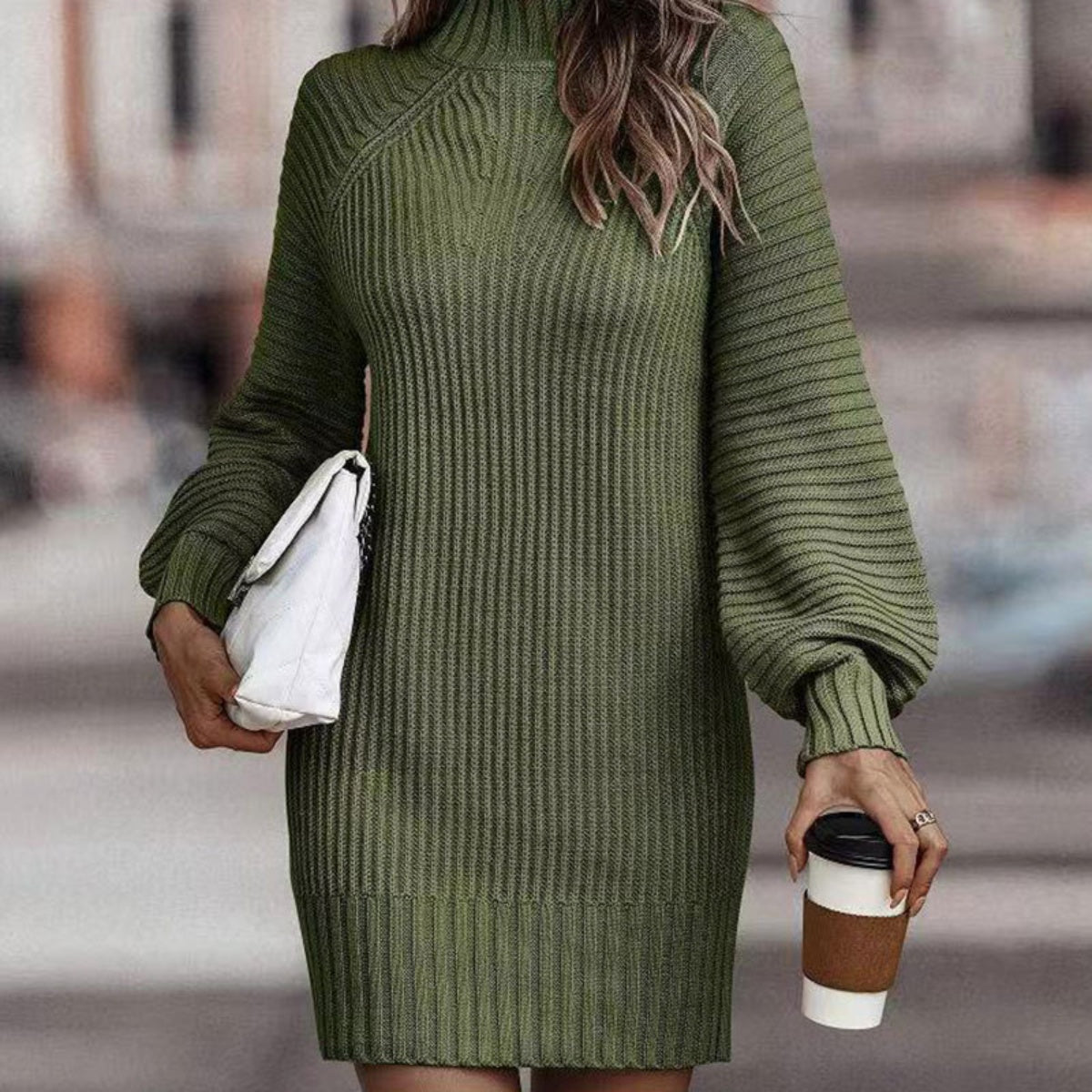 Mock Neck Lantern Sleeve Sweater Dress | Casual Polyester Mini Sweater Dress