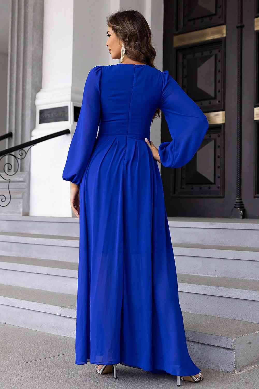 Twist Front Cutout Long Sleeve Dress | Formal Maxi Solid Polyester Dress