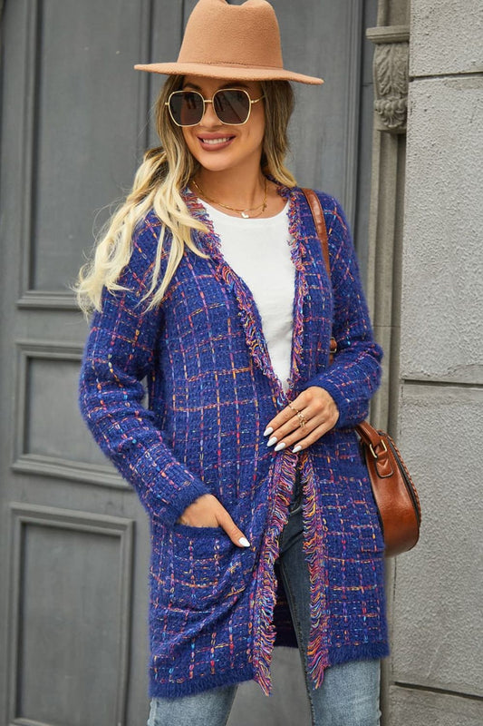 Plaid Fringe Trim Open Front Longline Cardigan | Casual Cardigan With Pockets